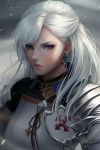  1girl armor artist_name blue_eyes chuby_mi closed_mouth earrings final_fantasy final_fantasy_xiv highres hyur jewelry lips long_hair looking_at_viewer solo watermark white_hair 