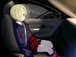  1girl blonde_hair blood blood_stain blush car_interior chains city_lights cityscape commentary_request hair_over_one_eye highres hood hoodie idolmaster idolmaster_cinderella_girls kneehighs looking_at_viewer miniskirt mirror momo_(higanbana_and_girl) night parted_lips piercing pleated_skirt red_eyes seatbelt shirasaka_koume short_hair sitting skirt sleeves_past_fingers sleeves_past_wrists solo striped striped_legwear 