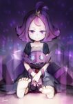  1girl :3 :d antenna_hair barefoot black_dress character_request closed_mouth crystal dress glint hair_ornament looking_at_viewer open_mouth pokemon pokemon_(game) pokemon_sm purple_hair sableye shamonabe_(pypyworks) sharp_teeth short_hair short_sleeves signature sitting smile soles teeth violet_eyes 