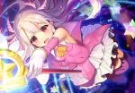  1girl arm_up ascot bangs bare_shoulders blurry blush boots breasts cape clenched_hand commentary_request covered_navel depth_of_field detached_sleeves dress earrings fate/grand_order fate/kaleid_liner_prisma_illya fate_(series) feathers floating_hair foreshortening from_above gloves glowing hair_feathers highres holding holding_wand illyasviel_von_einzbern jewelry kaleidostick leg_up light_particles long_hair looking_at_viewer looking_up magic magical_girl magical_ruby nayuta_(una) open_mouth outstretched_arm pink_dress pink_footwear prisma_illya red_eyes saint_quartz shiny shiny_clothes shiny_hair short_dress sidelocks silver_hair small_breasts solo star sweatdrop tearing_up thigh-highs thigh_boots v-shaped_eyebrows wand white_cape white_feathers white_gloves wind yellow_neckwear 