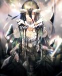  1girl albedo arms_up black_hair breasts choker gloves hair_between_eyes highres horns long_hair medium_breasts novel_illustration official_art overlord_(maruyama) scan so-bin solo white_gloves yellow_eyes 