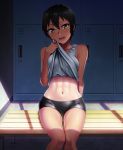  1girl :d arm_behind_back bangs bare_arms bare_shoulders bench bike_shorts black_hair black_shorts blush collarbone day feet_out_of_frame hashi head_tilt indoors lifted_by_self locker locker_room looking_at_viewer navel open_mouth original short_hair shorts sitting sleeveless smile stomach sunlight tan tank_top tank_top_lift tanline thigh_gap tomboy toned yellow_eyes 