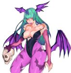  1girl absurdres animal_print bangs bare_shoulders bat bat_print bat_wings black_leotard breasts bridal_gauntlets capcom cracked demon_girl green_hair head_wings heart_cutout highres holding large_breasts leotard licking_lips lipstick long_hair looking_at_viewer low_wings makeup morrigan_aensland navel open_mouth pantyhose photoshop print_legwear purple_legwear purple_lipstick simple_background skull smile solo succubus tongue tongue_out vampire_(game) white_background wings yellow_eyes zelus 