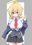  1girl absurdres ahoge blazblue blazer blonde_hair blue_eyes breasts es_(xblaze) hair_between_eyes highres huge_ahoge jacket large_breasts long_hair long_sleeves looking_at_viewer necktie pleated_skirt sakakiba_misogi skirt solo xblaze xblaze_code:_embryo 