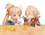  2boys bowl chibi chopsticks closed_eyes eating fire_emblem fire_emblem_if food fruit gloves japanese_clothes kimono male_my_unit_(fire_emblem_if) mandarin_orange mochi multiple_boys my_unit_(fire_emblem_if) ponytail red_eyes shourou_kanna smile takumi_(fire_emblem_if) wagashi white_hair 