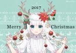  1girl 2017 animal_ears antlers bangs blue_eyes blunt_bangs blush box candy candy_cane christmas christmas_ornaments christmas_stocking chrysanthemum english eyebrows_visible_through_hair flower food frilled_sleeves frills gift gift_box gingerbread_man green_background hair_flower hair_ornament hand_in_hair holding holding_hair holly kanno_sayu long_hair looking_at_viewer merry_christmas number original parted_lips reindeer_antlers reindeer_ears shirt short_sleeves smile snowflakes solo star twitter_username upper_body very_long_hair white_hair white_shirt 