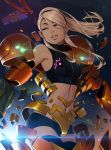  1girl looking_to_the_side metroid mike_nesbitt mole mole_under_mouth navel parted_lips ponytail samus_aran solo stomach sunlight upper_body varia_suit 