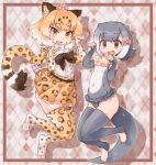 2girls bow commentary_request fang fur_collar hair_bow highres jaguar_(kemono_friends) jaguar_ears jaguar_print jaguar_tail kemono_friends kolshica multicolored_hair multiple_girls one-piece_swimsuit otter_ears otter_tail patterned_background paw_pose small-clawed_otter_(kemono_friends) swimsuit tail thigh-highs toeless_legwear