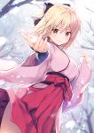  1girl ahoge bare_tree black_bow blonde_hair blurry bow breasts closed_mouth clouds cloudy_sky depth_of_field eyebrows_visible_through_hair fate_(series) green_eyes hair_bow hakama hip_vent japanese_clothes kimono koha-ace konomi_(kino_konomi) long_sleeves looking_at_viewer medium_breasts okita_souji_(fate) outdoors outstretched_arm pink_hakama pink_kimono ponytail reaching_out shiny shiny_skin short_hair sky smile snowflakes snowing solo standing thighs tree v-shaped_eyebrows wide_sleeves winter 