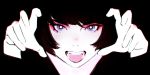  1girl bangs black_background bright_pupils fangs hands_up highres ilya_kuvshinov looking_at_viewer open_mouth original short_hair simple_background solo upper_body violet_eyes 