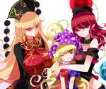  3girls absurdres bangs bare_shoulders black_dress black_shirt blonde_hair breasts chains chinese_clothes closed_mouth clownpiece collar dress earth_(ornament) hat hecatia_lapislazuli highres jester_cap junko_(touhou) large_breasts lips long_hair looking_at_viewer moon_(ornament) multiple_girls neck_ruff off-shoulder_shirt one_eye_closed pointy_ears polka_dot polos_crown raptor7 red_eyes redhead shirt simple_background smile star star_print striped t-shirt tabard touhou wavy_hair white_background 