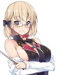  1girl azur_lane bangs bare_shoulders between_breasts black_bow black_neckwear blonde_hair bow breasts breasts_apart bright_pupils crossed_arms erect_nipples eyebrows_visible_through_hair glasses hair_bow holding index_finger_raised kusano_(torisukerabasu) large_breasts long_sleeves looking_at_viewer necktie necktie_between_breasts pointer shiny shiny_hair shiny_skin short_hair sideboob silver-framed_eyewear simple_background solo upper_body violet_eyes white_background wrist_cuffs z23_(azur_lane) 