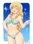 1girl ;d bangs bikini blonde_hair blush breasts cleavage drill_hair eyebrows_visible_through_hair hand_on_hip long_hair looking_at_viewer medium_breasts navel noel_jaune_beart one_eye_closed open_mouth school_girl_strikers shimeta_hiromitsu smile solo star stomach swimsuit yellow_eyes 