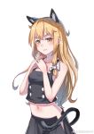  1girl :3 absurdres animal_ears bangs bare_shoulders black_skirt black_vest blonde_hair blush bow cat_ears cat_tail closed_mouth collarbone double-breasted du_mogu hair_bow highres kemonomimi_mode kirisame_marisa long_hair navel no_hat no_headwear own_hands_together shiny shiny_hair skirt sleeveless solo stomach tail touhou upper_body vest weibo_username white_bow yellow_eyes 