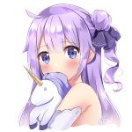  1girl ahoge azur_lane bangs bare_shoulders blue_eyes blush closed_eyes covering_mouth detached_sleeves eyelashes hair_bun highres horn long_hair looking_at_viewer object_hug one_side_up pink_hair sasha_chii shiny shiny_hair signature solo straight_hair stuffed_unicorn tareme unicorn_(azur_lane) upper_body 