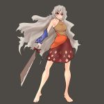  1girl absurdres bare_legs bare_shoulders barefoot closed_mouth detached_sleeves dress eyebrows_visible_through_hair full_body grey_background grey_hair hatchet highres holding inoshin_(inixia1748) long_hair looking_to_the_side medium_dress multicolored multicolored_clothes multicolored_dress outstretched_arm red_eyes sakata_nemuno simple_background single_strap smile solo standing touhou very_long_hair white_pupils 