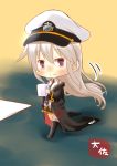  1girl azur_lane bangs black_coat black_legwear black_neckwear black_skirt blonde_hair blush chibi closed_mouth coat coffee_cup cup enterprise_(azur_lane) eyebrows_visible_through_hair full_body hair_between_eyes highres holding holding_cup long_coat long_hair long_sleeves looking_at_viewer miniskirt motion_lines necktie open_clothes open_coat pink_eyes shirt signature skirt smile solo taisa_(kari) thigh-highs very_long_hair walking white_shirt yellow_background zettai_ryouiki 