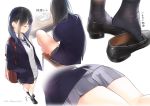  1girl ama_mitsuki ass back bag barefoot black_hair black_legwear chair closed_eyes desk hand_in_pocket loafers long_hair original pleated_skirt school_uniform shoes simple_background sitting skirt solo white_background 