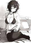  1girl arm_support bangs bare_arms bare_shoulders bikini blush breasts closed_mouth copyright_request eyebrows_visible_through_hair glasses greyscale large_breasts lolicept looking_at_viewer messy_hair monochrome on_bed pillow short_hair sitting solo sweat swimsuit thigh-highs 
