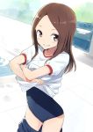  1girl :d bangs blue_swimsuit blush brown_eyes brown_hair clothes_pull competition_school_swimsuit covered_navel cowboy_shot dutch_angle forehead gochou_(atemonai_heya) grin highlights karakai_jouzu_no_takagi-san lifted_by_self long_hair looking_at_viewer multicolored_hair name_tag open_mouth parted_bangs pool poolsode puffy_short_sleeves puffy_sleeves shirt shirt_lift short_sleeves sidelocks smile solo standing swimsuit takagi-san teeth thighs water white_shirt 