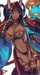 1girl animal_ears aqua_eyes breasts bridal_gauntlets cleavage commentary_request dark_skin ears_through_headwear fang fate/grand_order fate_(series) finger_to_face fur_trim gem head_chain highres hood horns jewelry large_breasts long_hair looking_at_viewer navel open_mouth queen_of_sheba_(fate/grand_order) simple_background smile solo sukebewe white_background 