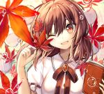  1girl ;d autumn_leaves bangs black_neckwear black_ribbon blurry blurry_background blush book brown_hair collared_shirt depth_of_field eyebrows_visible_through_hair falling_leaves fuupu gem hat head_tilt highres holding holding_book holding_leaf leaf looking_at_viewer medium_hair neck_ribbon one_eye_closed open_book open_mouth red_eyes ribbon ribbon-trimmed_sleeves ribbon_trim shameimaru_aya shirt short_sleeves smile solo touhou upper_body white_shirt wing_collar 