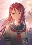  1girl backlighting brown_eyes cherry_blossoms dated hair_between_eyes hair_ornament hairclip happy_birthday huanxiang_heitu long_hair love_live! love_live!_sunshine!! neckerchief red_neckwear redhead sakurauchi_riko school_uniform serafuku short_sleeves smile solo upper_body uranohoshi_school_uniform wind 