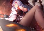  1girl absurdres aircraft airplane azur_lane bangs black_jacket black_legwear blush bra bra_peek breasts cleavage closed_mouth coat feet_out_of_frame from_below fur-trimmed_coat fur_collar fur_trim graf_zeppelin_(kantai_collection) hair_between_eyes highres iron_cross jacket large_breasts lavender_hair legs_crossed lens_flare light_particles long_hair looking_at_viewer looking_down machinery military_jacket motion_blur open_clothes open_coat pink_eyes sitting smoke solo tatapopo thighs turret underwear very_long_hair white_bra white_coat 