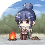  1girl bangs black_legwear blue_hair blue_sky blush book boots brown_footwear brown_skirt campfire chibi closed_mouth clouds commentary_request day eyebrows_visible_through_hair firewood hair_between_eyes hair_bun holding holding_book long_sleeves outdoors pantyhose reading shachoo. shima_rin sitting skirt sky solo trembling violet_eyes wind yurucamp 