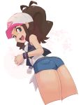  1girl :d ass baseball_cap blue_eyes breasts cropped_legs flat_ass hat highres looking_at_viewer nyonn24 open_mouth pokemon pokemon_(game) pokemon_bw short_shorts shorts small_breasts smile solo tank_top touko_(pokemon) vest 
