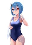  1girl adjusting_clothes adjusting_swimsuit blue_eyes blue_hair blue_swimsuit blush braid collarbone covered_navel cowboy_shot expressionless eyebrows_visible_through_hair fu_soulwave hair_between_eyes heterochromia highres horns io_(pso2) looking_at_viewer one-piece_swimsuit orange_eyes phantasy_star phantasy_star_online_2 school_swimsuit short_hair side_braid solo swimsuit tattoo towel white_background 