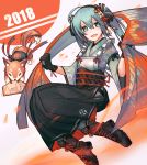  1girl 2018 ahoge animal aqua_eyes aqua_hair black_gloves black_hairband boots combat_boots commentary cross-laced_footwear dog flat_chest flower gloves hair_flower hair_ornament hairband hakama hatsune_miku highres japanese_clothes kimono kky lace-up_boots new_year obi sash shawl smile solo twintails vocaloid 