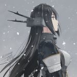  1girl :o black_hair breasts brown_eyes commentary_request dated elbow_gloves from_side gloves grey_background headgear kantai_collection large_breasts long_hair looking_up nagato_(kantai_collection) parted_lips rokuwata_tomoe signature snowing solo twitter_username upper_body 