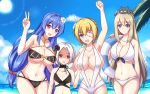  4girls animal animal_on_head arm_up armpits bikini black_bikini black_choker black_flower blonde_hair blue_eyes blue_hair blush breast_envy breasts choker clenched_hand collarbone day eyebrows_visible_through_hair eyepatch flower group_picture hair_flower hair_intakes hair_ornament height_difference helena_(zhan_jian_shao_nyu) highres huge_breasts innertube large_breasts leaning_to_the_side lexington_(zhan_jian_shao_nyu) long_hair looking_at_viewer low_twintails multiple_girls navel o-ring_bikini ocean on_head open_mouth outdoors platinum_blonde pose prince_of_wales_(zhan_jian_shao_nyu) red_eyes shaded_face short_hair slingshot_swimsuit small_breasts smile swimsuit twintails v very_long_hair vittorio_veneto_(zhan_jian_shao_nyu) white_bikini white_flower white_hair xiao_qi zhan_jian_shao_nyu 