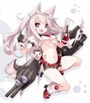  1girl animal animal_ears azur_lane bangs belt_buckle black_skirt blue_nails braid breasts buckle collar crop_top dog eyebrows_visible_through_hair fang fangs fingerless_gloves floating_hair full_body gloves grey_hair hair_ornament hands_up heart highres karukan_(monjya) leg_warmers long_hair looking_at_viewer medium_breasts microskirt nail_polish navel neck_ribbon open_mouth paw_background paw_print pink_nails pleated_skirt red_belt red_eyes red_footwear red_gloves red_ribbon ribbon shadow shiny shiny_hair shirt shoes short_eyebrows short_sleeves side_braid side_slit sidelocks skirt slit_pupils solo stomach stomach_tattoo tail tattoo tsurime turret two_side_up under_boob white_background white_shirt wolf_ears wolf_tail yuudachi_(azur_lane) 