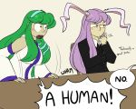  2girls animal_ears bangs blouse breasts chair detached_sleeves english frog_hair_ornament green_eyes hair_ornament hair_tubes hairband kochiya_sanae large_breasts long_hair multiple_girls parody purple_hair rabbit_ears red_eyes reisen_udongein_inaba robin_(unlimited_world) snake_hair_ornament table touhou very_long_hair 