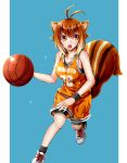  1girl animal_ears antenna_hair ball basketball basketball_uniform blazblue breasts brown_hair chukachuka cleavage highres jersey large_breasts looking_to_the_side makoto_nanaya multicolored_hair open_mouth orange_eyes shoes short_hair shorts sneakers solo sports_bra sportswear squirrel_ears squirrel_tail sweat tail two-tone_hair wristband 