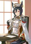 1girl animal_ears armor bag black_gloves black_hair breasts chains chair closed_mouth cup double-breasted ear_piercing erun_(granblue_fantasy) feet_out_of_frame fork gloves granblue_fantasy hair_between_eyes hinami_(hinatamizu) holding holding_cup ilsa indoors knife long_sleeves looking_at_viewer medium_breasts midriff military military_uniform on_chair piercing plate red_eyes saucer short_hair shoulder_armor shoulder_bag side_cutout sitting smile solo uniform window 