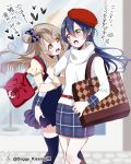  2girls arm_grab bag bangs blue_hair blue_legwear blush commentary_request grey_hair hair_between_eyes hat highres kisaragi_mizu long_hair looking_at_another love_live! love_live!_school_idol_project minami_kotori multiple_girls one_side_up open_mouth plaid plaid_skirt skirt sonoda_umi text thigh-highs yellow_eyes 