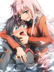  1boy 1girl :q aqua_eyes bangs black_hair blue_eyes blush breasts couple darling_in_the_franxx eyebrows_visible_through_hair hairband hand_on_another&#039;s_face headband herozu_(xxhrd) hiro_(darling_in_the_franxx) horns licking_lips long_hair looking_at_viewer medium_breasts military military_uniform naughty_face partially_submerged pink_hair saliva shiny shiny_hair short_hair tongue tongue_out uniform water white_headband zero_two_(darling_in_the_franxx) 