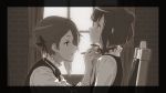  2girls ange_(princess_principal) beatrice_(princess_principal) blush braid chair curtains genso greyscale hair_bun indoors monochrome multiple_girls princess_principal profile school_uniform short_hair sitting sweatdrop throat window 