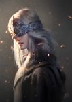  1girl 2017 blindfold blonde_hair cape capelet chen_starry covered_eyes dark_souls dark_souls_iii dated dress embers fire_keeper highres lips long_hair mask nose open_mouth profile realistic signature solo souls_(from_software) upper_body 