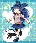  1girl animal bangs black_cat blue_bow blue_footwear blue_hair blue_skirt bow cat closed_eyes drawstring full_body hair_bow hood hoodie long_hair mary_janes miniskirt open_mouth outstretched_arms pote_(ptkan) shoes skirt smile socks solo touhou white_legwear yorigami_shion 