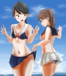  2girls ass black_hair blush breasts brown_hair hair_between_eyes highres houshou_(kantai_collection) kantai_collection multiple_girls navel no_bra ocean open_mouth panties ponytail remodel_(kantai_collection) ryuujou_(kantai_collection) sailor_beach_wear_(no.s_project) sailor_collar sky small_breasts striped striped_panties swimsuit tama_(seiga46239239) twintails underwear undressing yellow_eyes 