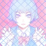  blue_eyes blue_hair blue_vest bow bowtie collared_shirt copyright_request fence hands_up ilya_kuvshinov lips looking_at_viewer parted_lips pink_background pink_neckwear shirt short_hair simple_background sketch smile upper_body vest white_shirt wing_collar 