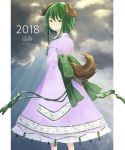  1girl 2018 animal_ears closed_mouth clouds cloudy_sky commentary_request dress egret green_eyes green_hair highres kasodani_kyouko looking_at_viewer outdoors purple_dress sash short_hair_with_long_locks sky sleeves_past_wrists smile solo standing tail tassel touhou twitter_username wide_sleeves 