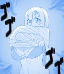  1girl blue blush bra breasts clothes_lift commentary ekz_(drawfag) hair_ornament hairclip highres huge_breasts jojo_no_kimyou_na_bouken long_sleeves looking_at_viewer monochrome parody short_hair solo sweater sweater_lift underwear undressing upper_body 
