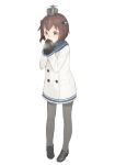  1girl adapted_costume black_legwear breath brown_eyes brown_hair coat full_body gloves headgear kantai_collection keemu_(occhoko-cho) loafers open_mouth pantyhose sailor_collar shoes short_hair solo standing teeth winter_clothes yukikaze_(kantai_collection) 