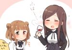  2girls :d alcohol bangs beatrice_(princess_principal) black_dress black_jacket blush brown_eyes brown_hair closed_eyes closed_mouth cup dorothy_(princess_principal) double_bun dress drinking_glass drunk eyebrows_visible_through_hair holding holding_drinking_glass jacket long_hair long_sleeves merry_(168cm) multiple_girls open_mouth parted_bangs pink_background princess_principal school_uniform shirt side_bun smile translation_request two-tone_background very_long_hair white_background white_shirt wine wine_glass 