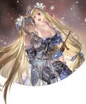  2girls armor armored_dress blonde_hair blue_eyes breasts cleavage closed_eyes crossover fate/grand_order fate_(series) flower granblue_fantasy hair_flower hair_ornament hand_holding hand_on_another&#039;s_head happy holy_pumpkin jeanne_d&#039;arc_(fate) jeanne_d&#039;arc_(fate)_(all) jeanne_d&#039;arc_(granblue_fantasy) long_hair multiple_girls namesake open_mouth smile tiara very_long_hair 
